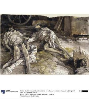 Drei gefallene Soldaten in einer Scheune / Leichen-Kammer zu Königinhof