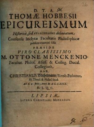 Thomae Hobbesii Epicureismum ... delineatum
