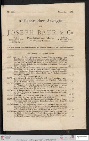 Antiquarischer Anzeiger von Joseph Baer, Sotheran & Co (Nr. 10171 - 10449)