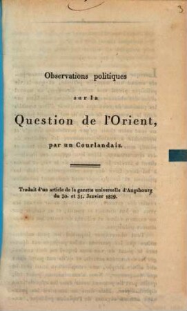Observations politiques sur la question de l'Orient