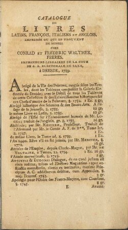 Catalogue de Livres Latins, François, Italiens et Anglois, ...