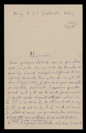 Nr. 13 (= Nr. 364) Brief von Henri Poincaré an Felix Klein. Nancy, 22.9.1882
