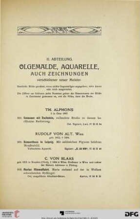 Abteilung II. Ölgemälde, Aquarelle, auch Zeichnungen (Nr. 301-412)