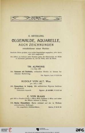 Abteilung II. Ölgemälde, Aquarelle, auch Zeichnungen (Nr. 301-412)
