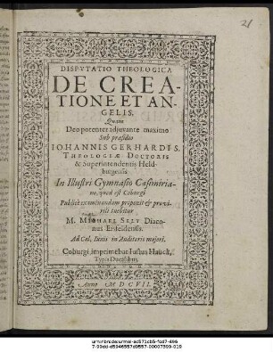 Disputatio Theologica De Creatione Et Angelis