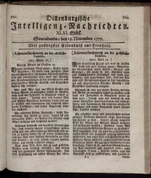 XLVI. Stück. Sonnabends: den 15. November 1777.