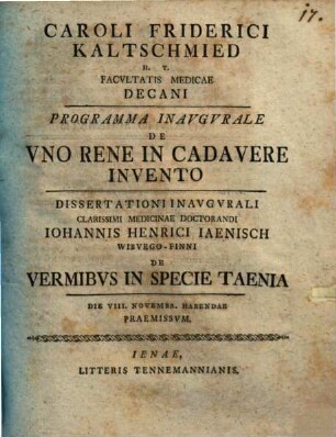 Caroli Friderici Kaltschmied ... Programma inaugurale de uno rene in cadavere invento
