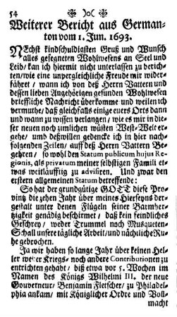 Weiterer Bericht aus Germanton vom 1. Jun. 1693.