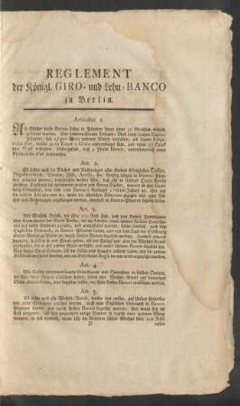 Reglement der Königl. Giro- und Lehn-Banco zu Berlin