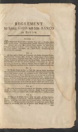 Reglement der Königl. Giro- und Lehn-Banco zu Berlin