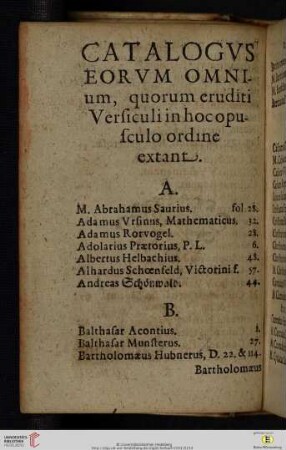 Catalogvs eorvm omnium, quorum eruditi Versiculi in hoc opusculo ordine extant