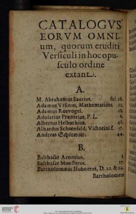Catalogvs eorvm omnium, quorum eruditi Versiculi in hoc opusculo ordine extant