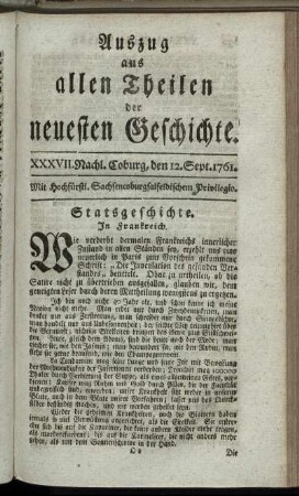 XXXVII. Nachl. Coburg, den 12. Sept. 1761.