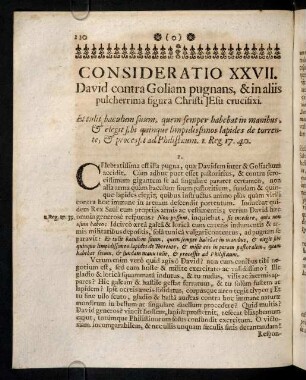 110-107, Consideratio XXVII. David contra Goliam pugnans, & in aliis pulcherrima figura Christi Jesu crucifixi. Consideratio XXVIII. Dulcis Jonathas insignis typus dulcissimi Jesu denudati, crucifixi, & mortui.