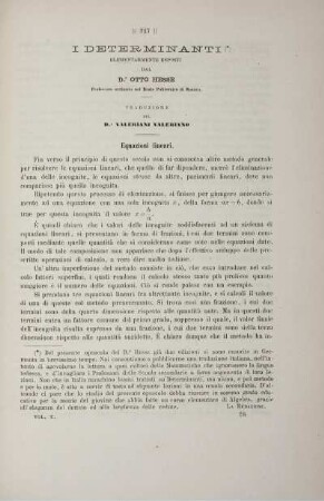 I determinanti elementarmente esposti; Otto Hesse (traduzione dal tedesco Valeriani Valeriano).