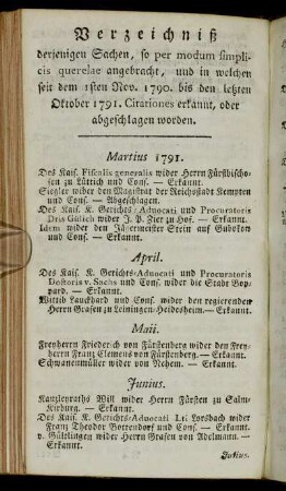 Verzeichniß derjenigen Sachen, so per modum simplicis querelae angebracht,[...]