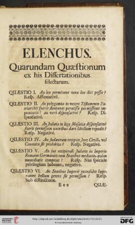Elenchus - Quarundam Quæstionum ex his Dissertationibus selectarum