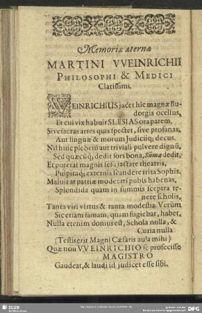 Memoria aterna Martini Weinrichii Philosphi & Medici Clarissimi