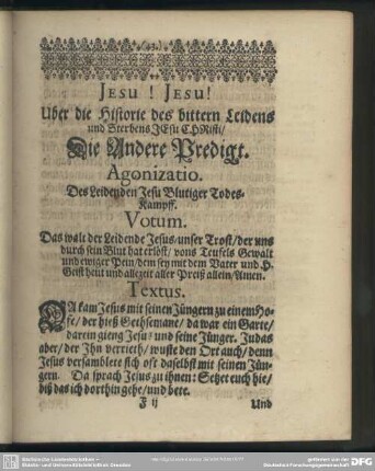 Die Andere Predigt. Agonizatio. Des Leidenden Jesu Blutiger Todes-Kampff