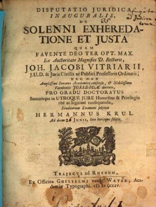 Disp. iur. inaug. de solenni exheredatione et iusta