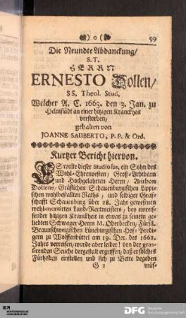 Die Neundte Abdanckung/ S. T. Herrn Ernesto Dollen/ SS. Theol. Stud.