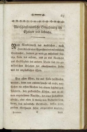 Menschenfreundliche Ermahnung an Eheleute und Liebende.