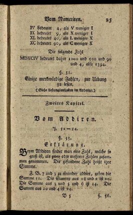 Zweites Kapitel. Vom Addiren – Drittes Kapitel. Vom Subtrahiren oder Abziehen