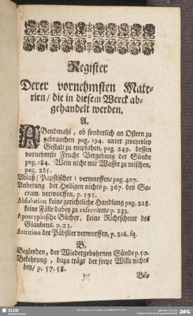 Register Derer vornehmsten Materien, die in diesem Werck abgehandelt werden