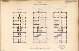 Städtisches Wohnhaus Monatskonkurrenz Juli 1879: Grundriss Erdgeschoss, 1., 2. (= 3.) Obergeschoss; Maßstabsleiste