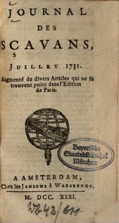 Journal des sçavans. 1731, [3]. Juillet - Sept.