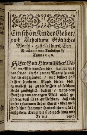 Ein schön Kinder Gebet/ umb Erhaltung Göttliches Worts [...]