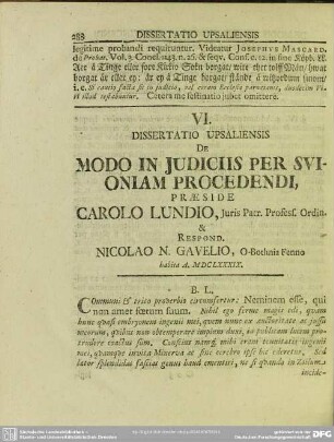 VI. Dissertatio Upsaliensis de Modo in Judiciis per Svioniam Procedendi