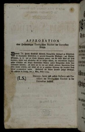 Approbation einer Hochwürdigen Theologischen Facultæt der Universitæt Leipzig.