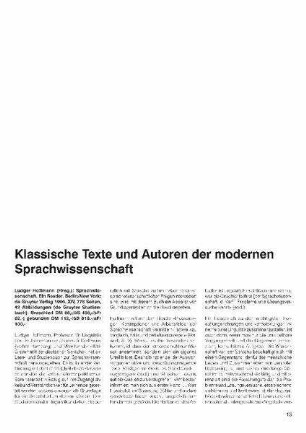 Klassische Texte und Autoren der modernen Sprachwissenschaft : Ludger Hoffmann "Sprachwissenschaft" [Rezension]