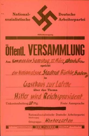 Versammlung der NSDAP-Ortsgruppe Hinterzarten: Hitler wird Reichspräsident (in Titisee)