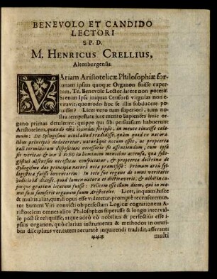 Benevolo Et Candido Lectori S. P. D. M. Henricus Crellius Altenburgensis.