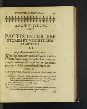 Ad Lib. IV. TIT. Liv. Cod. De Pactis Inter Emptorem Et Venditorem Compositis.
