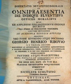 Dissertatio Metaphysico-Moralis De Omnipraesentia Dei Indeqve Flventibvs Officiis Moralibvs