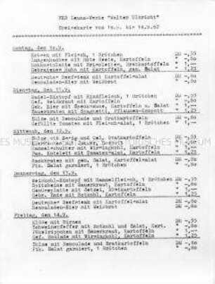 Wochenspeisekarte des VEB Leuna-Werke "Walter Ulbricht"
