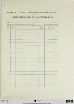 Auftrags-Liste für Adolph E. Cahn