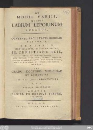 De Modis Variis, Quibus Labium Leporium Curatur