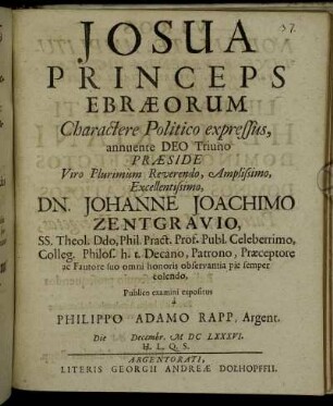 Josua Princeps Ebraeorum Charactere Politico expressus