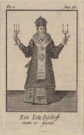 Ein segnender Erzbischof; Illustr. 4, S. 98, aus: Beschreibung der griechischen Kirche in der Türkey von Jacob Elsner, Berlin 1737