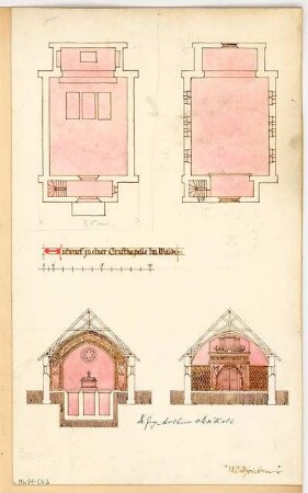 Gruftkapelle im Walde Monatskonkurrenz Dezember 1906: Grundriss Erdgeschoss, Obergeschoss, Querschnitt Richtung Altar, Richtung Eingang; Maßstabsleiste