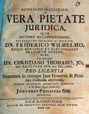 Dissertatio Inauguralis, De Vera Pietate Juridica