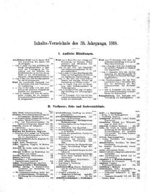 Inhalts-Verzeichnis des 38. Jahrgangs, 1918.