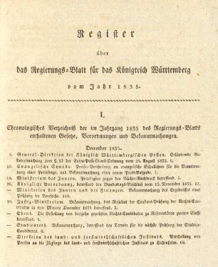 I. Chronologisches Verzeichniß der im Jahrgang 1835 des Regierungs-Blatts enthaltenen Gesetze, Verordnungen und Bekanntmachungen