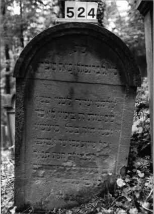 Grabstein 524 (Index: 99802712) Material: Sandstein Zustand: unten abgeblättert/Textverlust Maße HxBxT: 110x67x10 cm Beschreibung: Stele mit verdachtem Rundbogen, profiliertem Rand und Giebelfeld Besonderheit: längerer Text: Grabstein 524