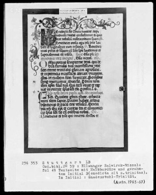 Salwirck-Missale — Initiale B (enedictio sit sancta trinitatis), darin Gnadenstuhl, Folio 49recto