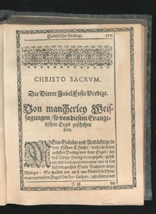 Die Vierte JubelFests Predigt. Von mancherley Wessagungen/ so von diesem Evangelischen Engel geschehen seyn.